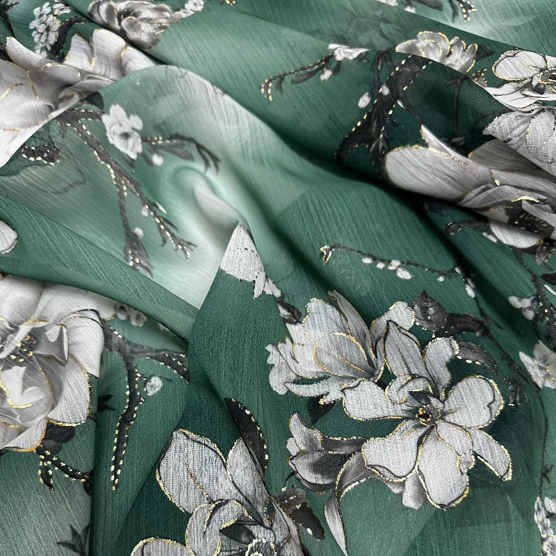 Green Floral Printed Chiffon Fabric, Luxurious Flower Print Tulle, Ideal For Summer Apparel Or Gowns, By the yard