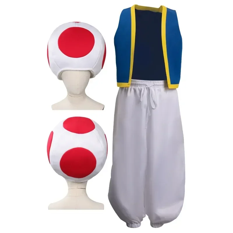 Halloween Cosplay Costume for Kids, Game Anime, Sapo, Cogumelos Vermelhos, Chapéu, Colete, Calças, Carnaval, Festa, Acessórios de pano, Roleplay, Presente para Meninos