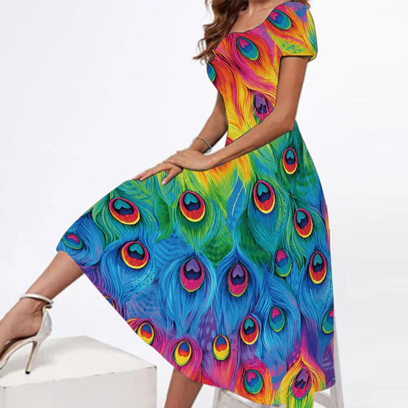 Summer Dresses Women Party Elegant Slim Short Sleeves Floral Peacock Feathers Print Long Dress Casual Vestidos Loose Beach Dress