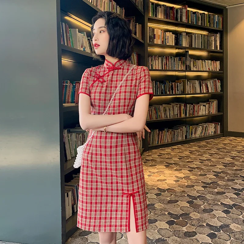 

Summer Stripe Vintage Patterns Cotton Qipao Plaid Dress Cheongsam Qipao Chinese Dress Modern 2024 Improved Cheongsam Retro Dress