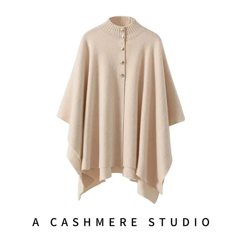2026 autumn and winter new 100% cashmere sweater women's turtleneck cloak knitted sweater wool shawl coat top