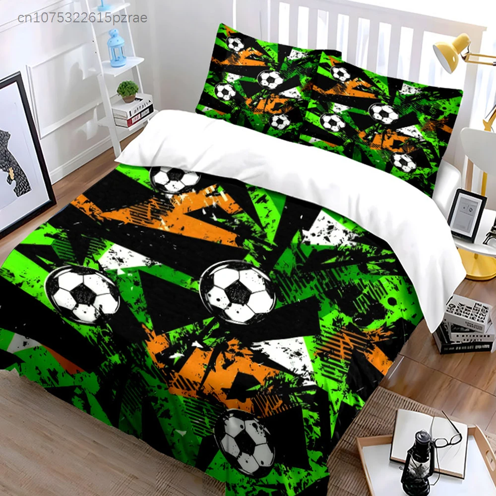 Grunge Green And Black Soccer Ball Pattern 3PCS Bedding Set Soft Microfiber Bedding Set For Teen Boys Bedroom