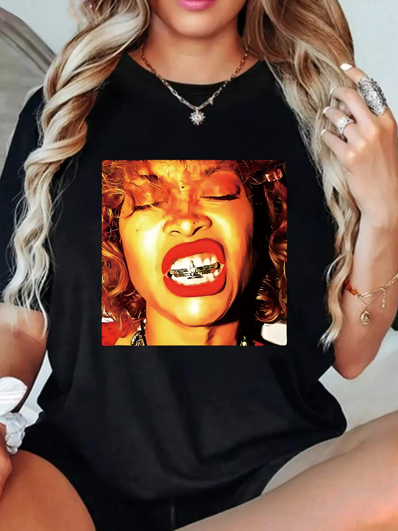 

Filter ladies round neck plus size women T-shirt short sleeve trend printing elastic half sleeve T-shirt