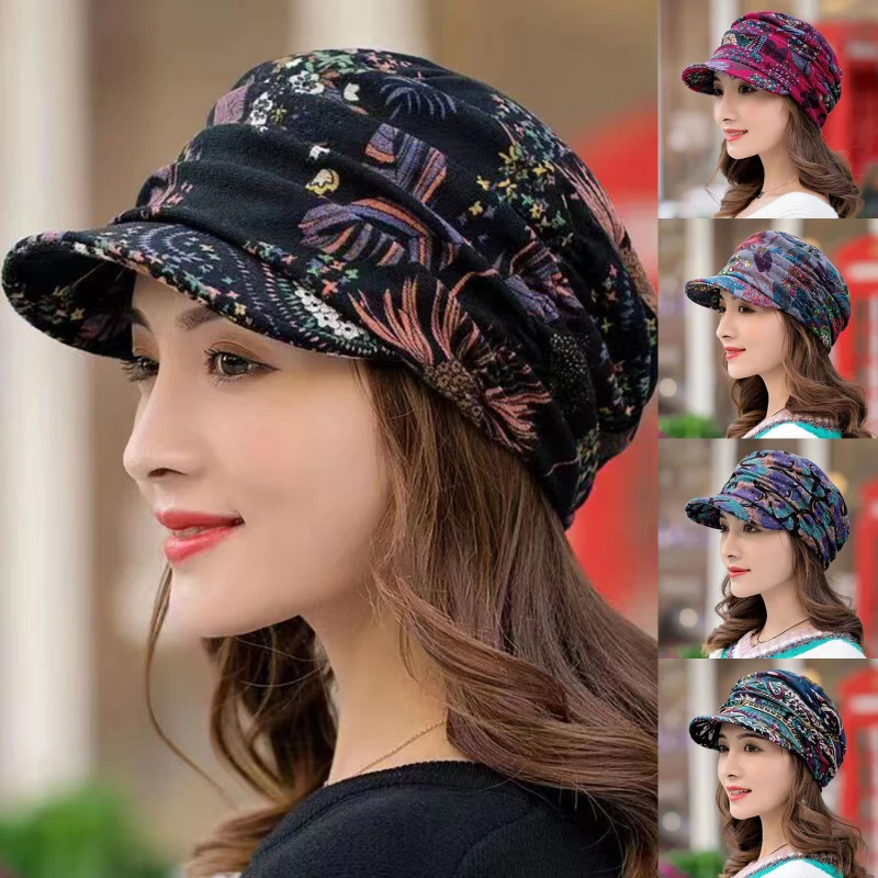 Women Hat Short Brim Sunproof Foldable Women Cap Ethnic Style Floral Print Autumn Winter Hat Daily Clothing