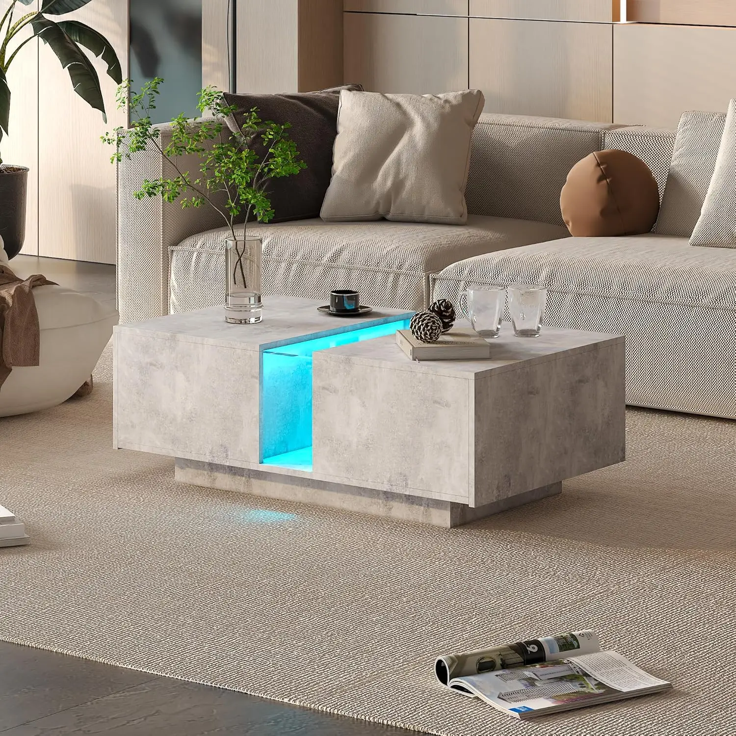 

Grey LED Coffee Table Storage Rectangular Acrylic 2 Sliding Drawers Living Room Reception Dining, Customized