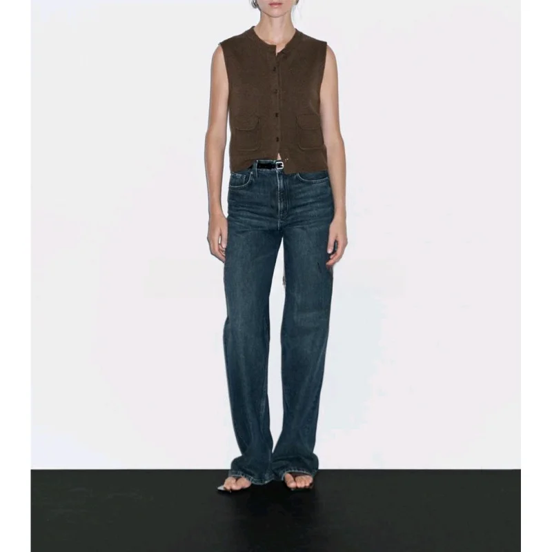 

Soft Knitted round Ne Vest New Autumn Women's Casual Loose Fit Polyester Fiber Long Sve V-Ne Button up Pure Color