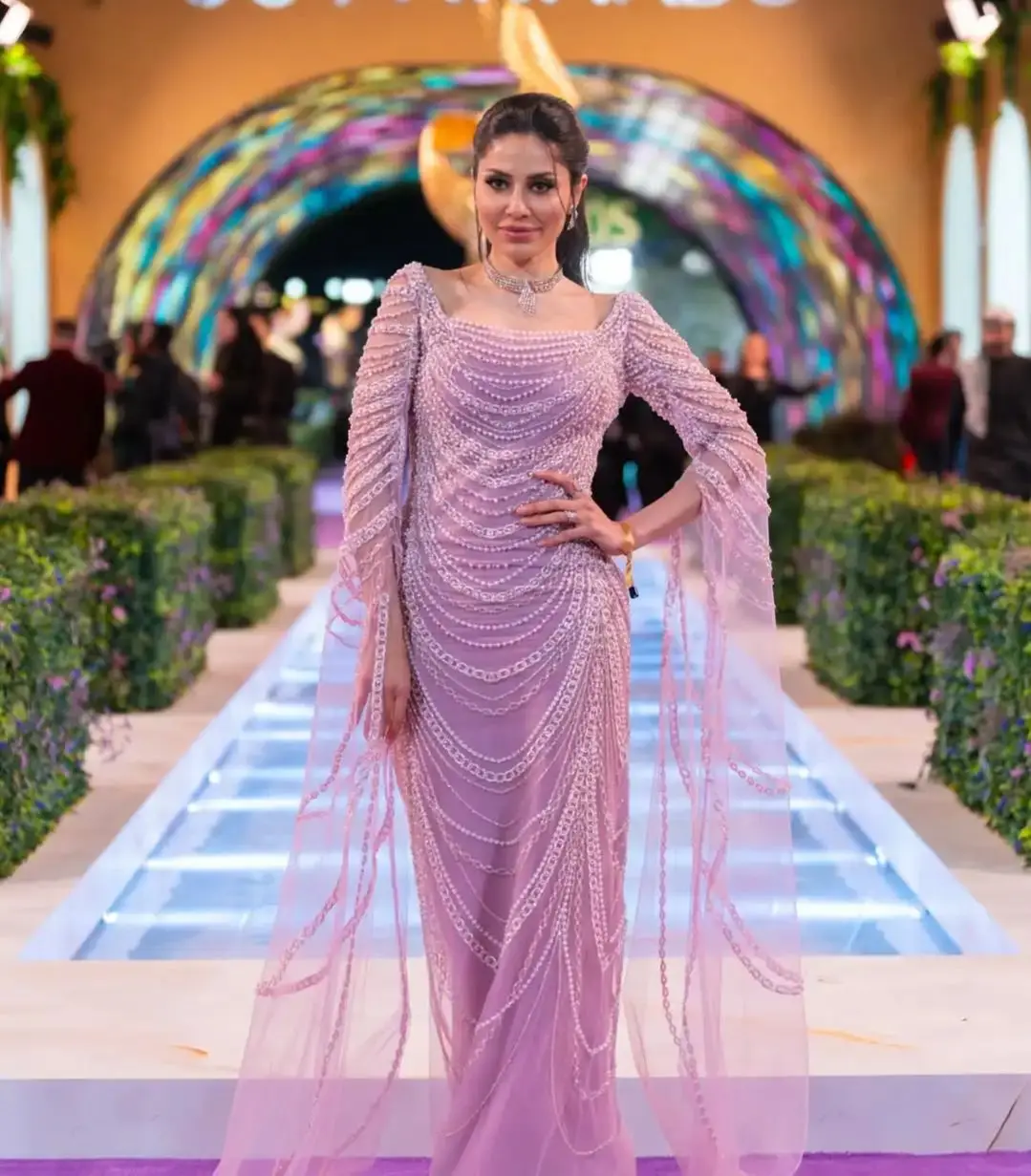

Ofherown Lilac Beaded Mermaid Evening Dress Square Neck Long Sleeve Tulle Cape Formal Prom Gown For Arabic Wedding Customized
