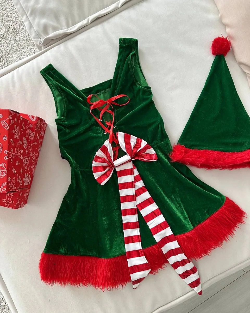 Ellolace Christmas Dress With Hat Belt Lace Up Back Bow Festival Party Dress Green Square Collar Velvet A-line Mini Dress