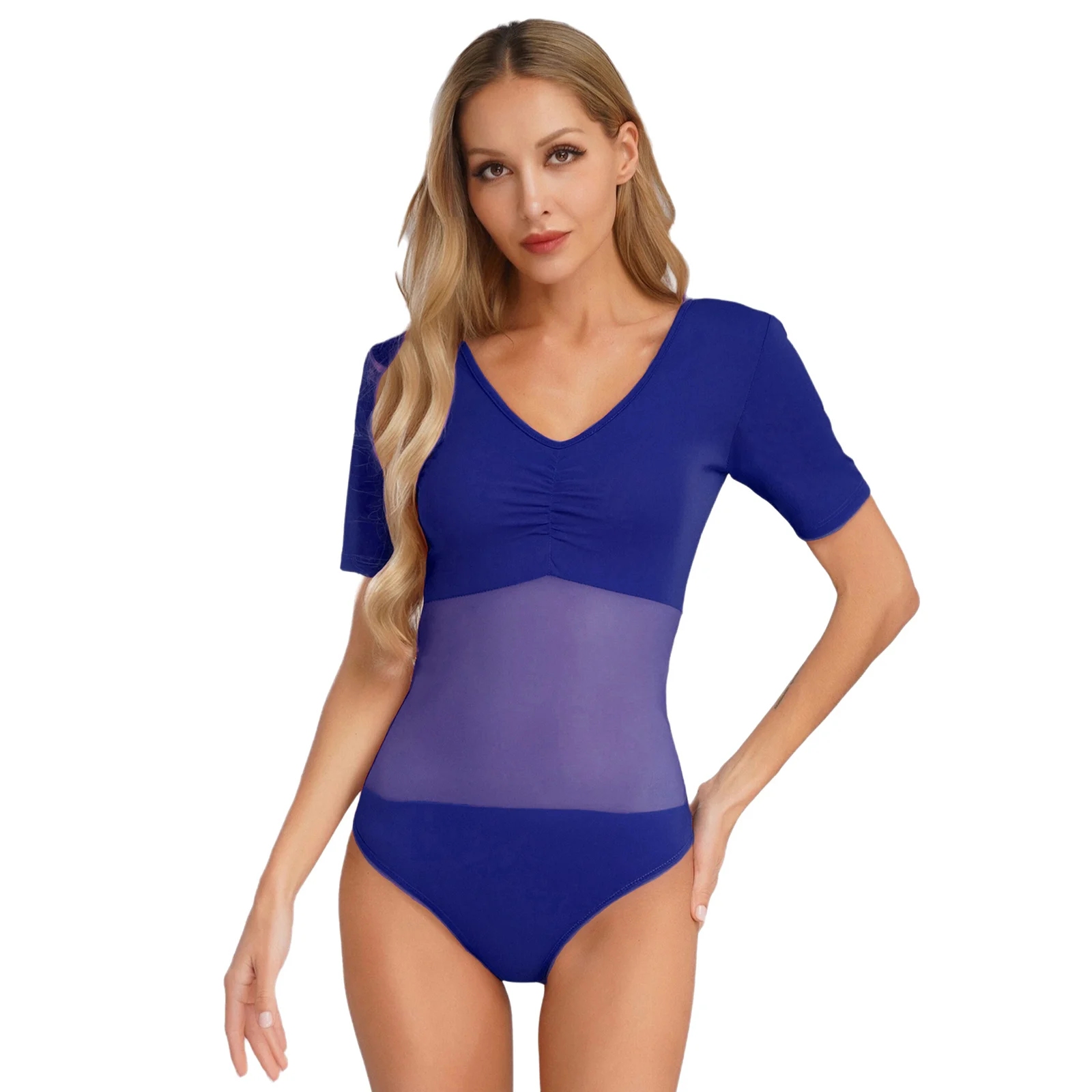 

Womens Ballet Leotard V Neck Short Sleeve Mesh Splice Button Crotch Bodysuit Jumpsuit Gymnastics Belly Dance Costume Unitard