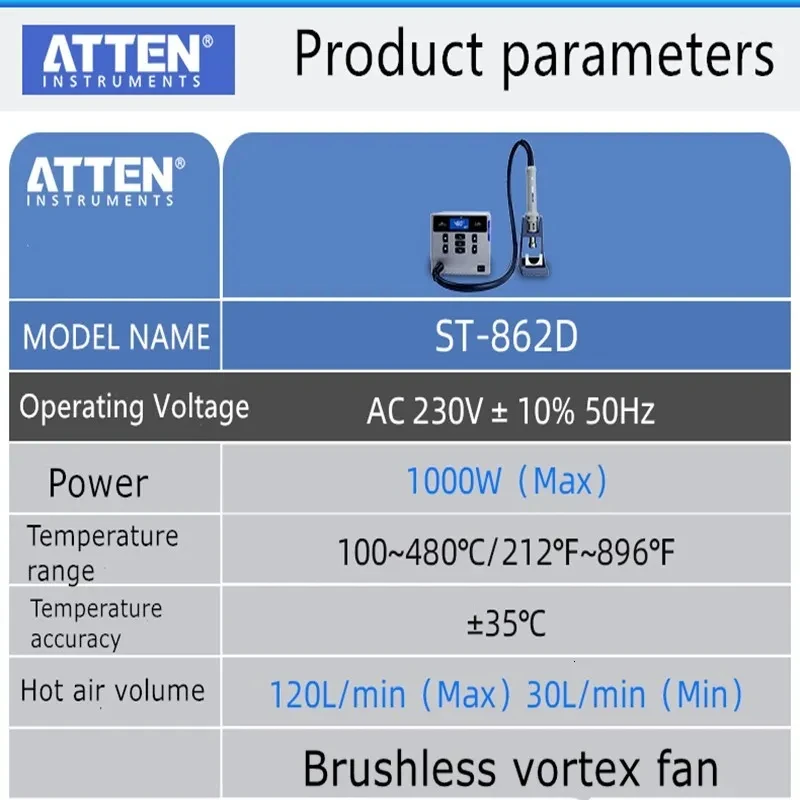 ATTEN St-862D 110V / 220V 1000W Hot Air Gun Digital Display BGA Rework Station Automatic Sleep Repair Desoldering Station