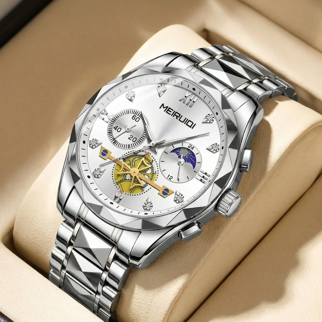 

A men's silver steel strap Roman numeral silver dial casual business gorgeous cool quartz watch