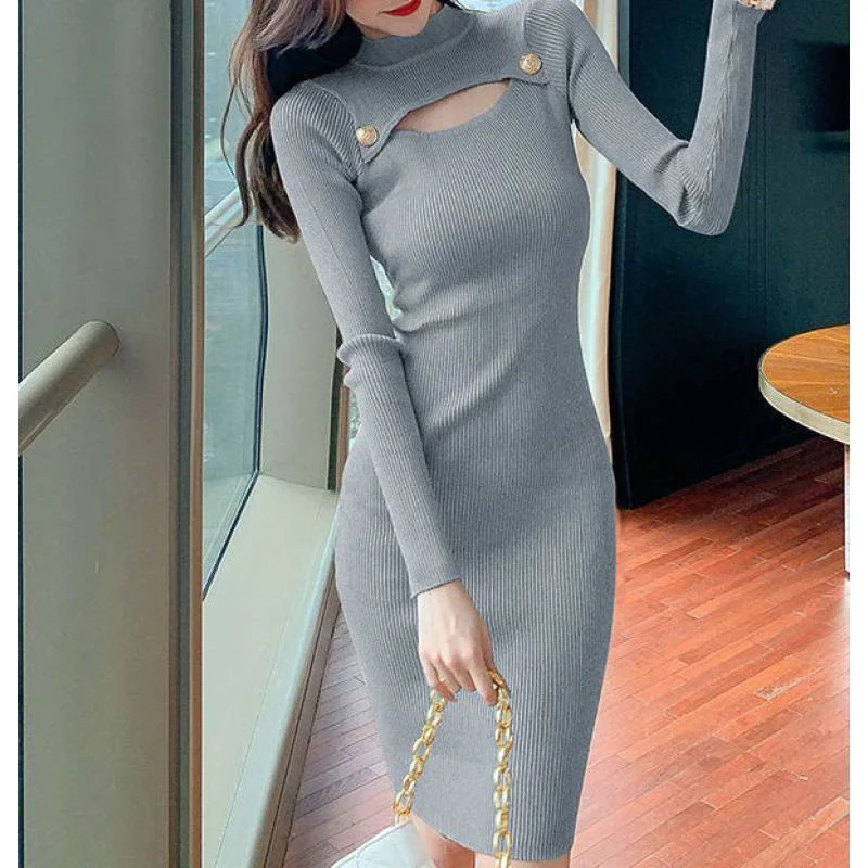 

2023 Autumn Long Sleeve Sweater Dress Women Elastic Hollow Out Beading Knitted Dresses Lady Bottom Bodycon Knee-Length Vestidos