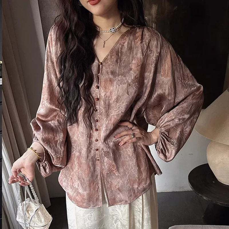 

New Chinese Style Embroidered Dark Pattern Shirt Designer Style Rayon Linen Tie-Dye Shirt New Chinese Style Top Simple Top
