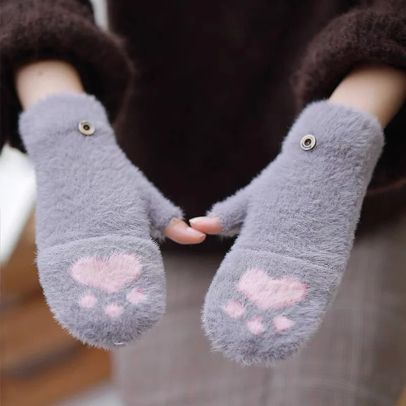 Guantes gruesos de lana de punto para mujer, manoplas cálidas con tapa de medio dedo, bonitos guantes de felpa con Pata de Gato, a la moda, Otoño e