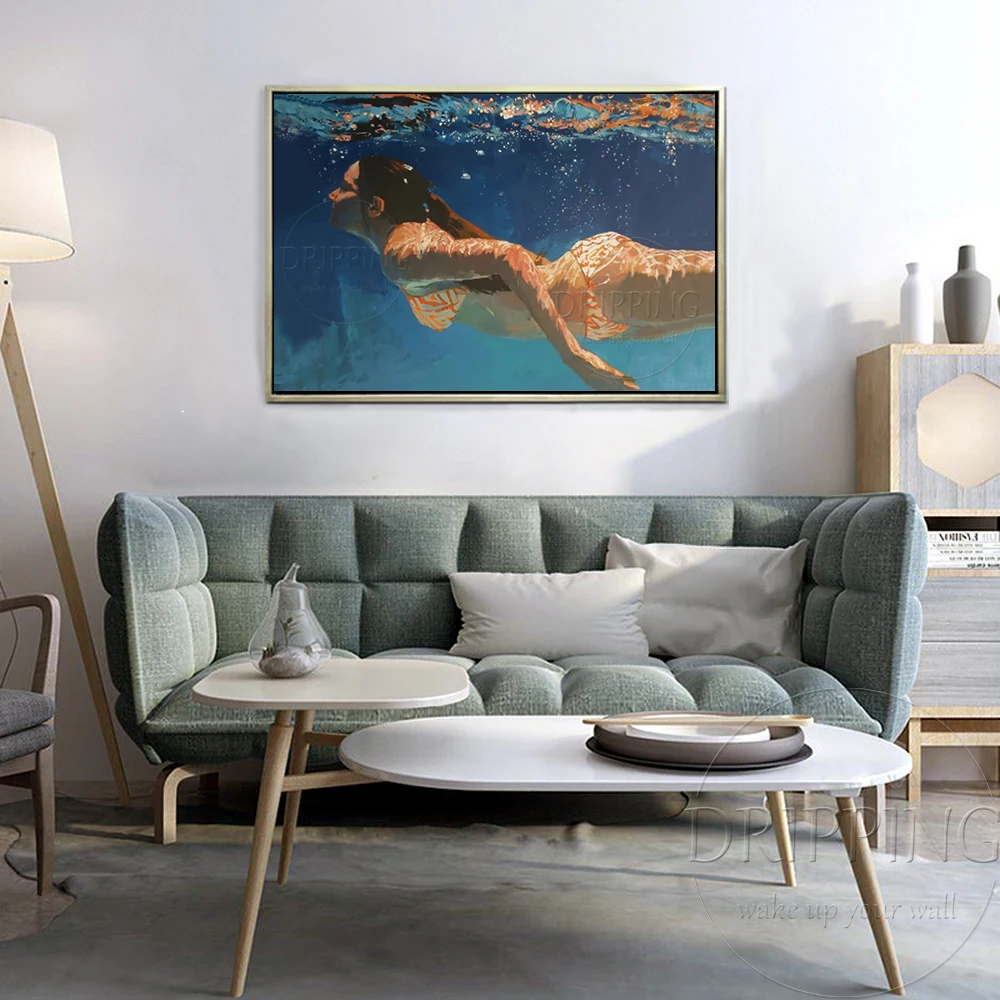 Hand-painted Swimming Lady Portrait Oil Painting on Canvas Beauty Wall Art Woman Play Water Acrylic Painting for Home Decoration