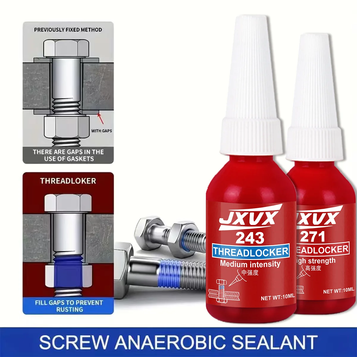 Blue Threadlocker 243 and Red Threadlocker 271, Permanent Locking, Fast Curing, Ideal Choice for Industrial Machinery Metal Fasteners, Anaerobic Glue for Metal, Adhesive for Screws
