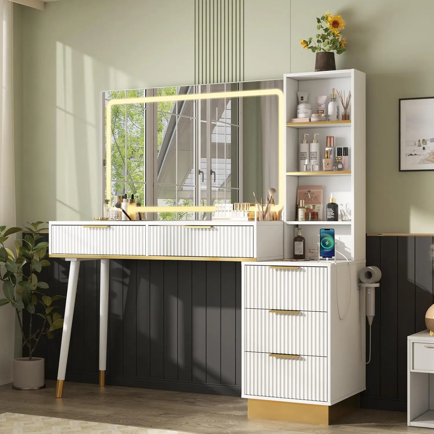 

48" Vanity Desk with 35" Large Lighted Mirror, Big Modern Makeup Vanity Table, Dressing Table with Charging Station/White