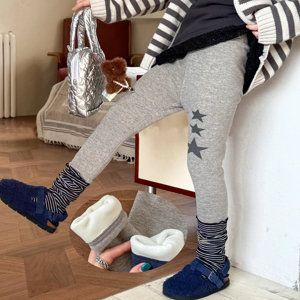 

New Kids Clothes Girls Cotton Fleece Lined Leggings 1-6Y Kids Star Print Warm Elastic Waist Pants Children Casual Bottoms Outfit