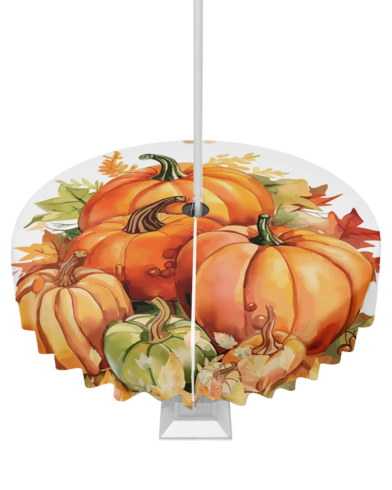 Thanksgiving Pumpkin Fall Maple Leaf Outdoor Tablecloth with Umbrella Hole Zippered Waterproof Picnic Patio Round Table Cover