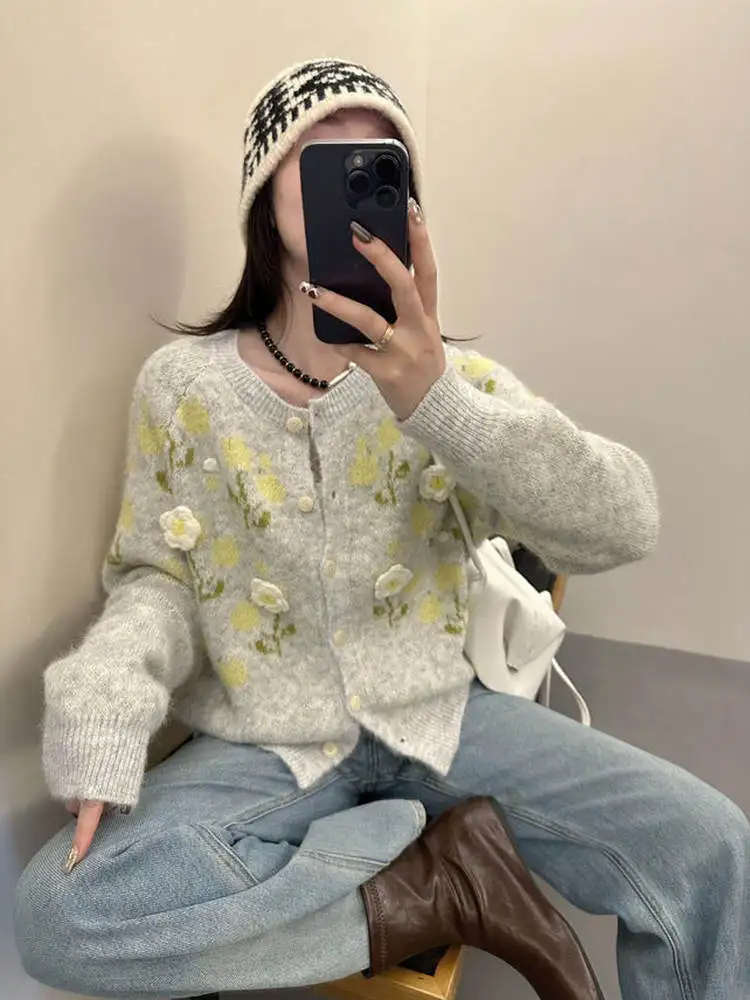 エレヘビー刺繍ニットオープンカーディガン レディース ルーズスリム万能セーター ジャケットトップ 秋シーズン向け