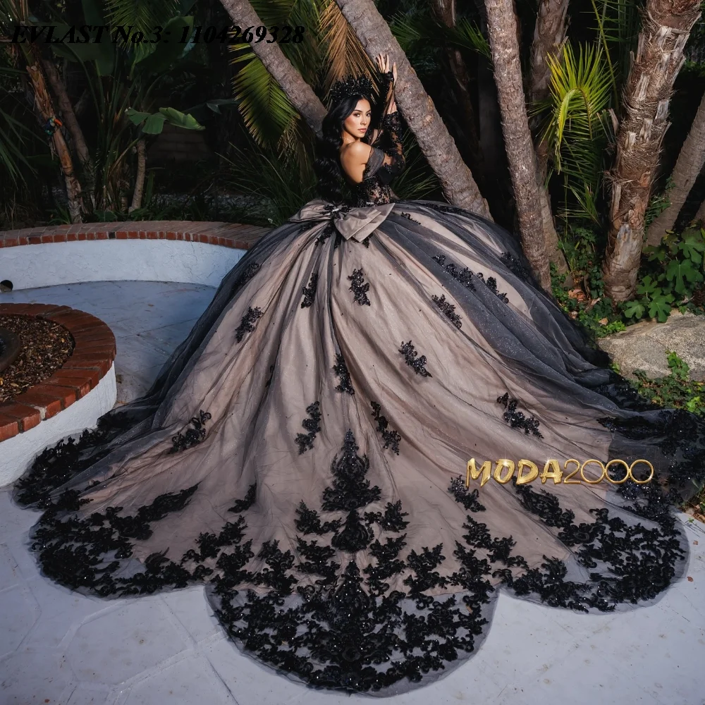 

EVLAST Customized Mexican Champagne Black Quinceanera Dress Ball Gown Applique Beading Bow Sweet 16 Vestido De 15 Anos E3Q226