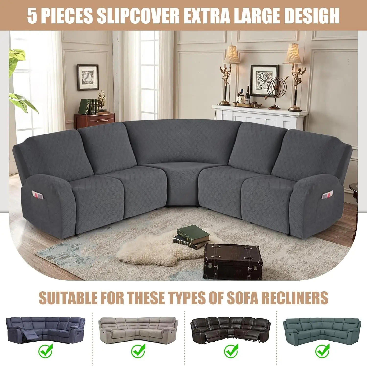 Extra Large Reclining Sectional Couch Covers, Washable 5-Piece Sofa Covers for L Shape Sectional Sofa Corner Seater, Thick