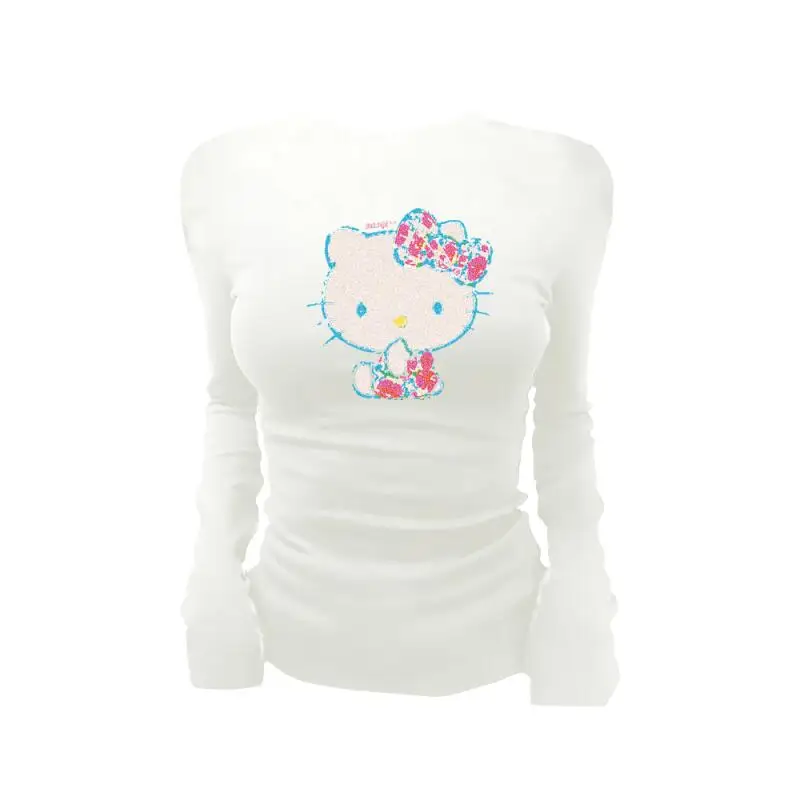 

Sanrios студенческая футболка с длинными рукавами для девочек «Hello Kitty», универсальная повседневная удобная футболка с круглым вырезом, креативная, хит продаж