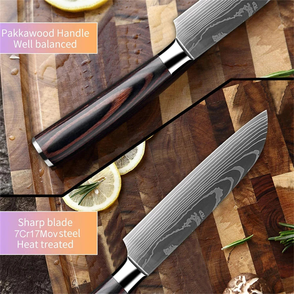 Cuchillo de Chef japonés, cuchillos de cocina de acero rico en carbono, cuchilla con patrón de acero de Damasco, rebanador de fruta Santoku,