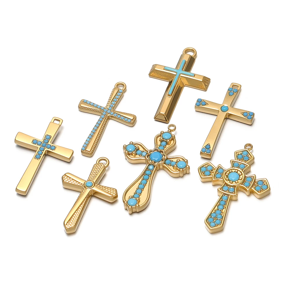 4 Stück Edelstahl-Türkis-Stein-Kreuzanhänger für DIY-Schmuckherstellung, Damen-Halsketten, Anhänger, Armbänder, Ohrringe – Detail 3