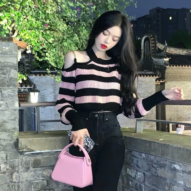 Pullovers Women Pink Y2k Hollow Out Loose Off Shoulder Fashion Designed Knitting Korean Style O-neck All-match Sweet Striped