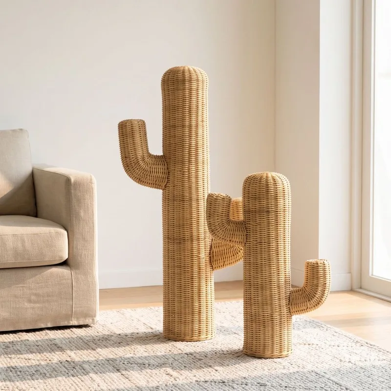 Wabi-Sabi Natural Rattan Woven Desert Cactus Ornament Living Room Entrance Garden American Rattan Decoration