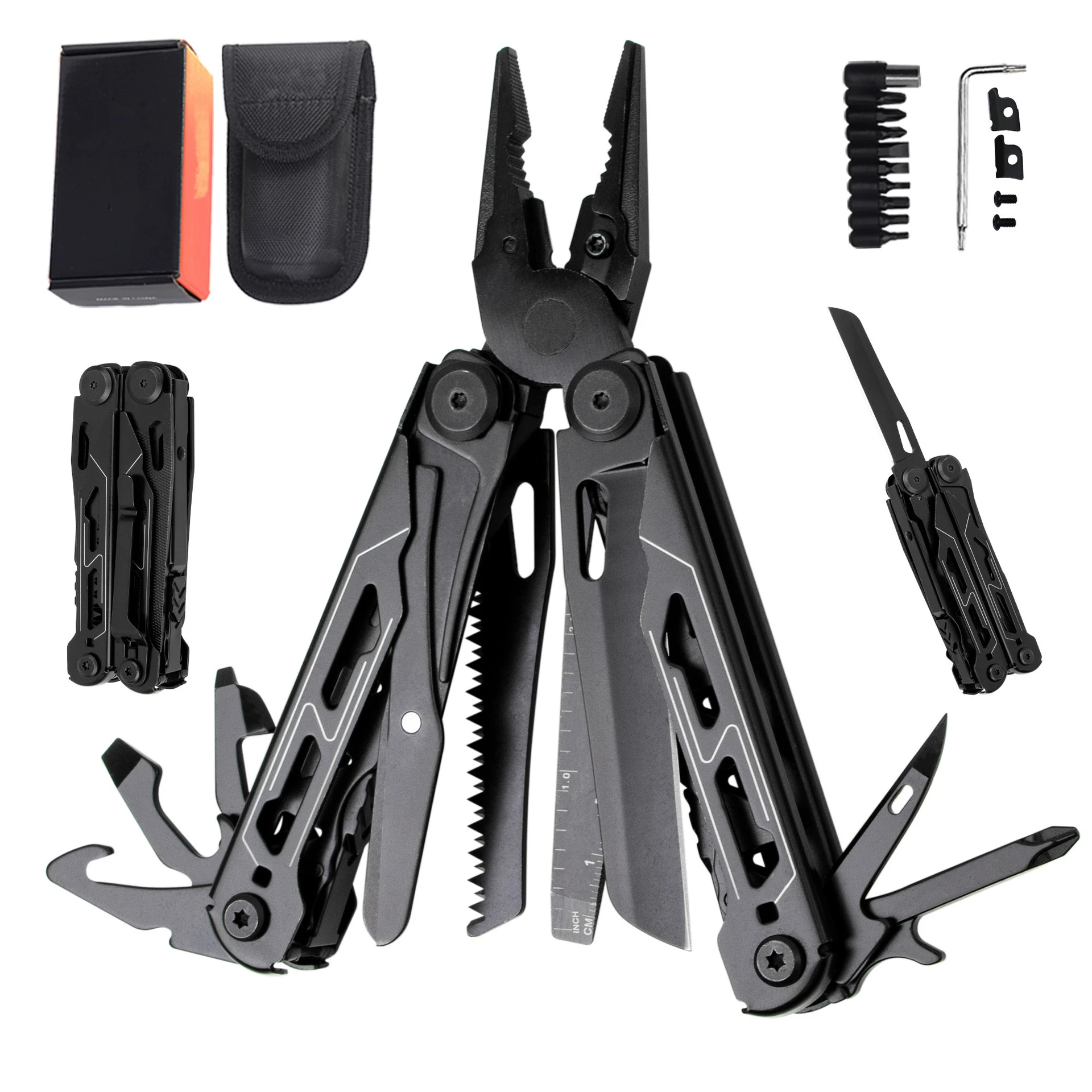 Folding multi-purpose pliers suitable for outdoor use; portable tool for camping, mountaineering, and hiking.