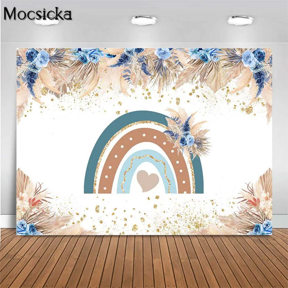 

Mocsicka Bohemian Rainbow Photo Background Baby Shower Backdrop Blue Boho Flower Pampas Grass Studio Photography Props Photocall