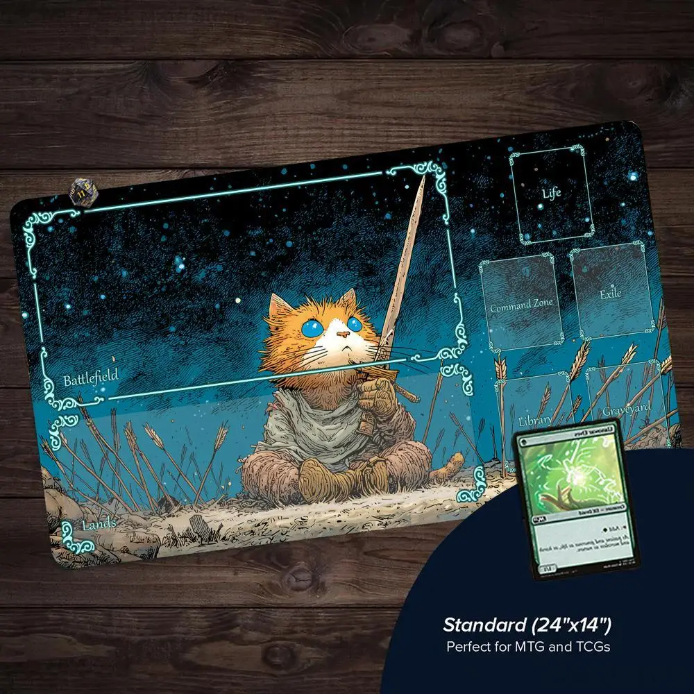 Digital Art Warrior Cat MTG Playmat Magic Card Mat with Stitched Edge Non-Slip Durable Tabletop Playmat Board Game Mat for TCG