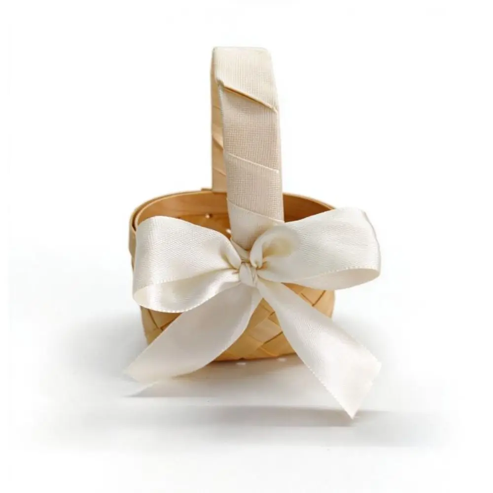 Colorful Ribbon Bow Wedding Candy Storage Basket Mini with Handle Handwoven Basket Elegant Fruit Bread Organizer