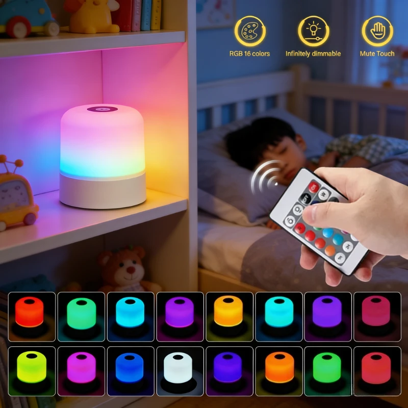 

Настольная LED-лампа с 16 цветами, сенсорным и дистанционным управлением, регулируемая, перезаряжаемая, прикроватный ночник для декора дома и комнаты