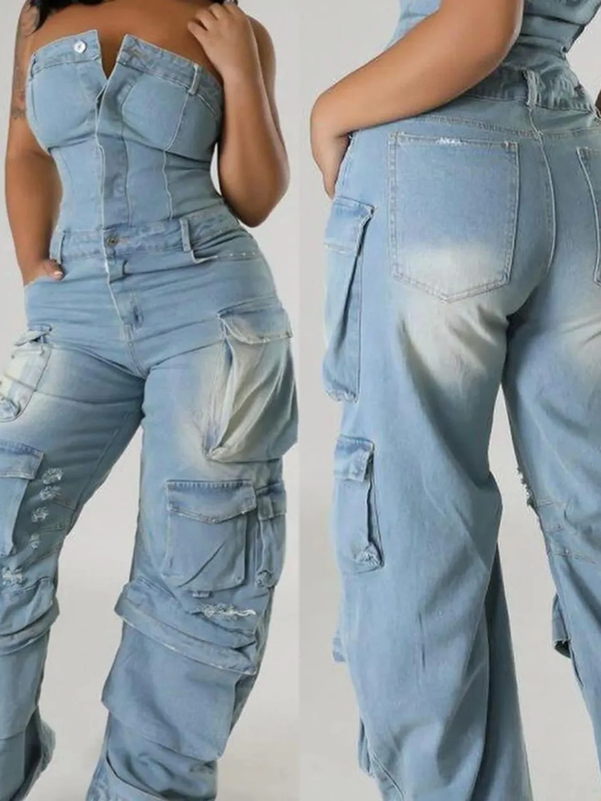 

Sexy Multi-ket Cargo Jumpsuit Strapl Single-button Workwear Overall Pants Women High-waist Polyester Fiber Casual Pants