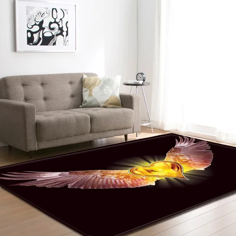 3D Angel Wing Carpet Mat - White Feather Black Crack Anti Slip Floor Carpet Suitable for Living Room Bedroom Home Decoration