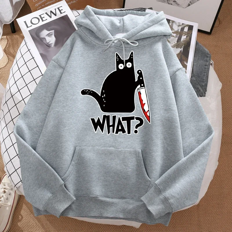 What Cute Little Black Cat Holding A Knife Men Hoodie Street Fleece Hoody Hipster Autumn Sweatshirt Hip Hop Clothing Woman