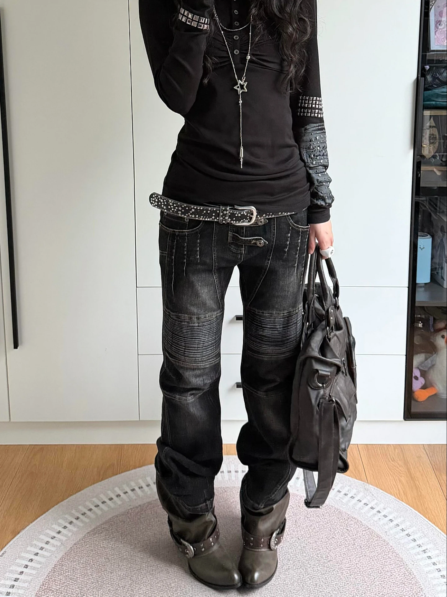 

Джинсы женские прямого кроя в уличном стиле с эффектом потертости и складками, больших размеров, повседневные, с эффектом похудения