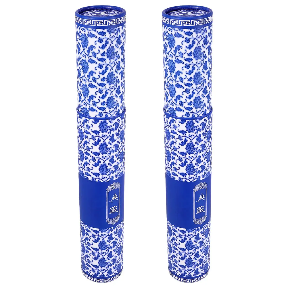 

2 Pcs Blue and White Porcelain Painting Box Drawing Mailing Tube Artworks Storage Poster Cardboard Drafting Document Travel