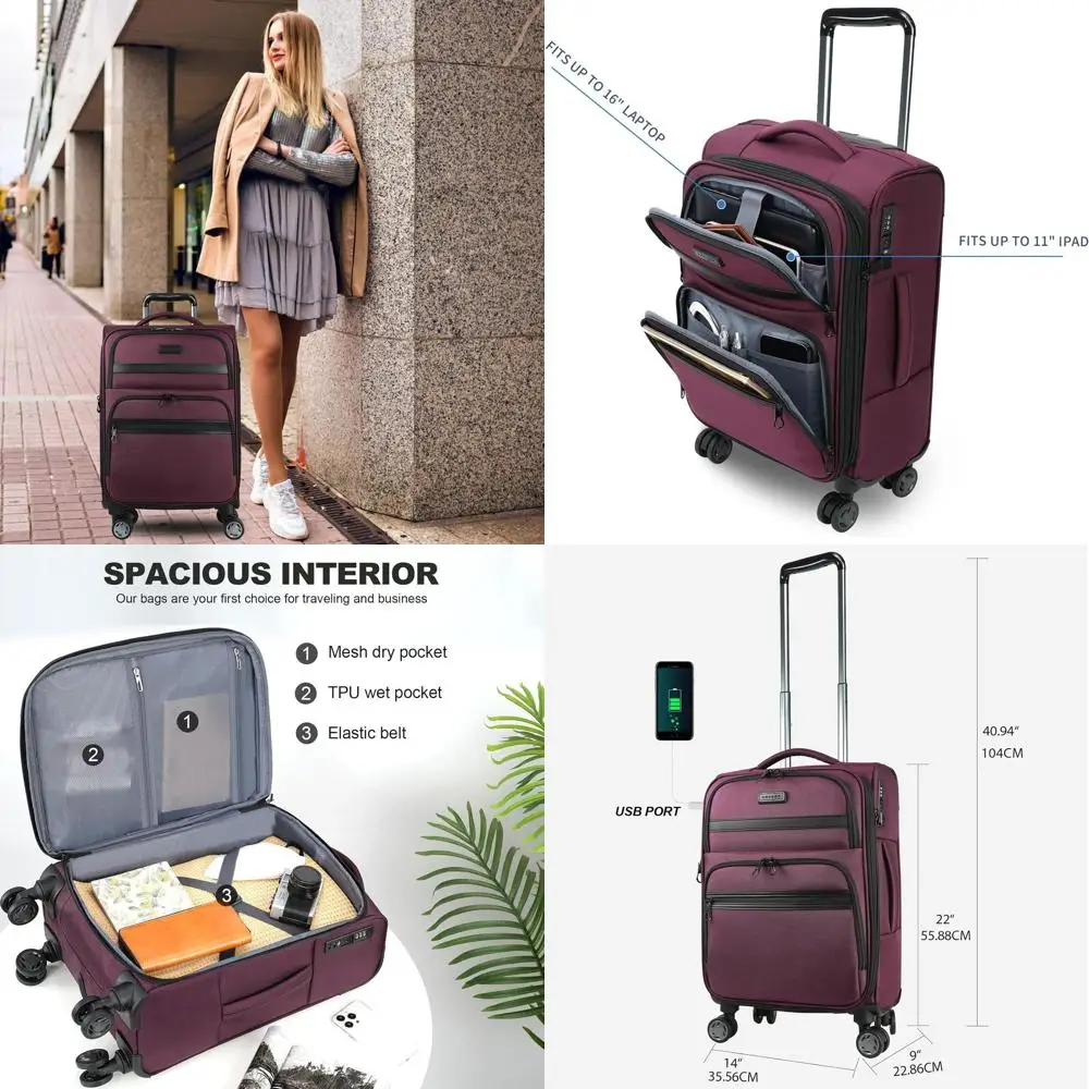 

Expandable 20 Softside Spinner Luggage with Front Pockets, TSA Lock, USB Port - Burgundy