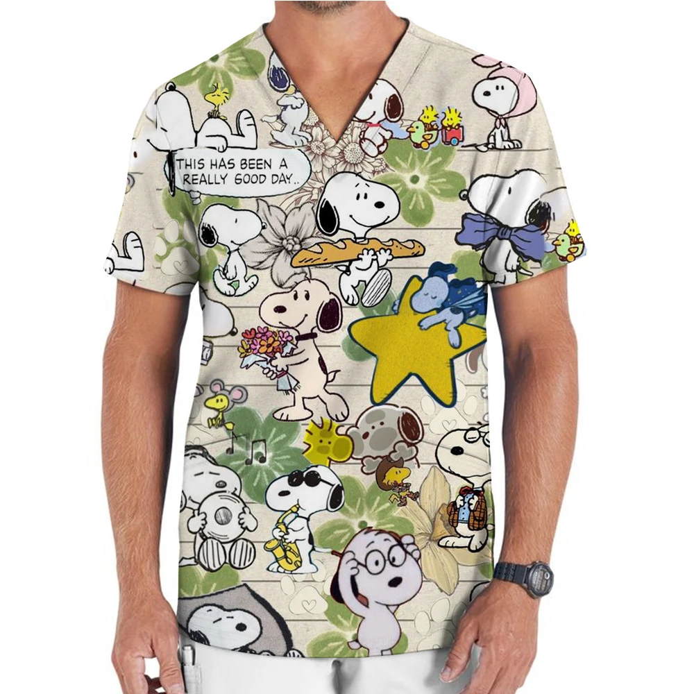 Anesthesiologist surgical gown short sleeved frosted men's V-neck pharmacy gown dentist Snoopy print hospital doctor nurse work