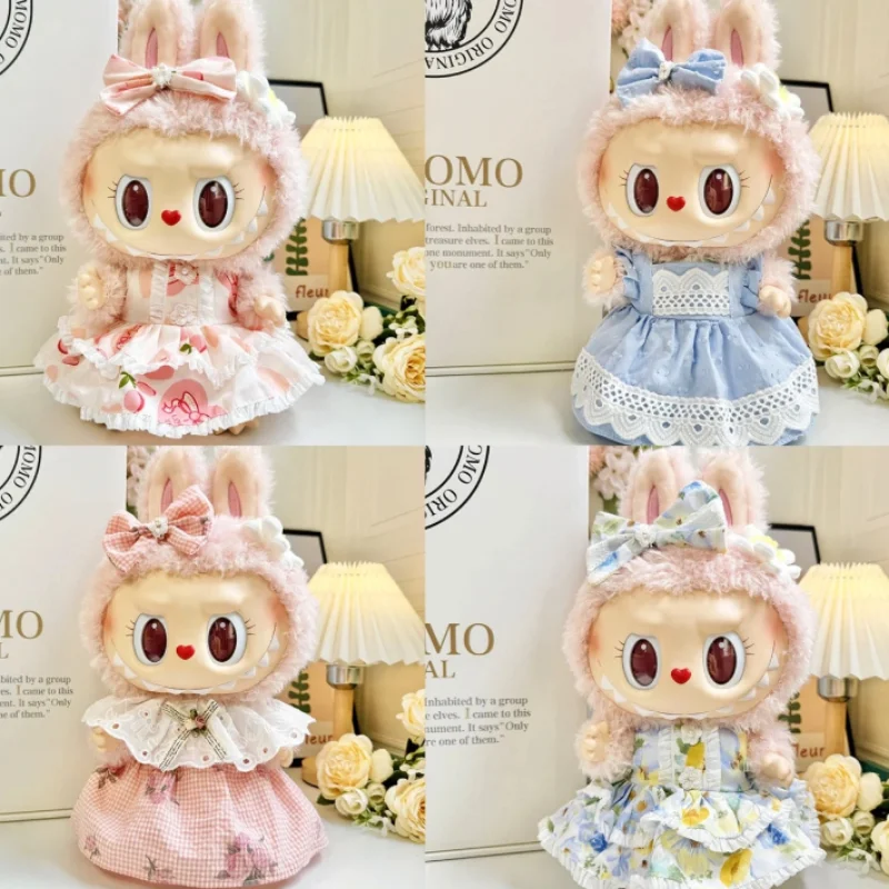 

New Hot Only Clothes 38cm Macaron The Monsters Cloth Labubu Time To Chill Filled Doll Accessories Pink Bow Cos Pure Handma Gifts