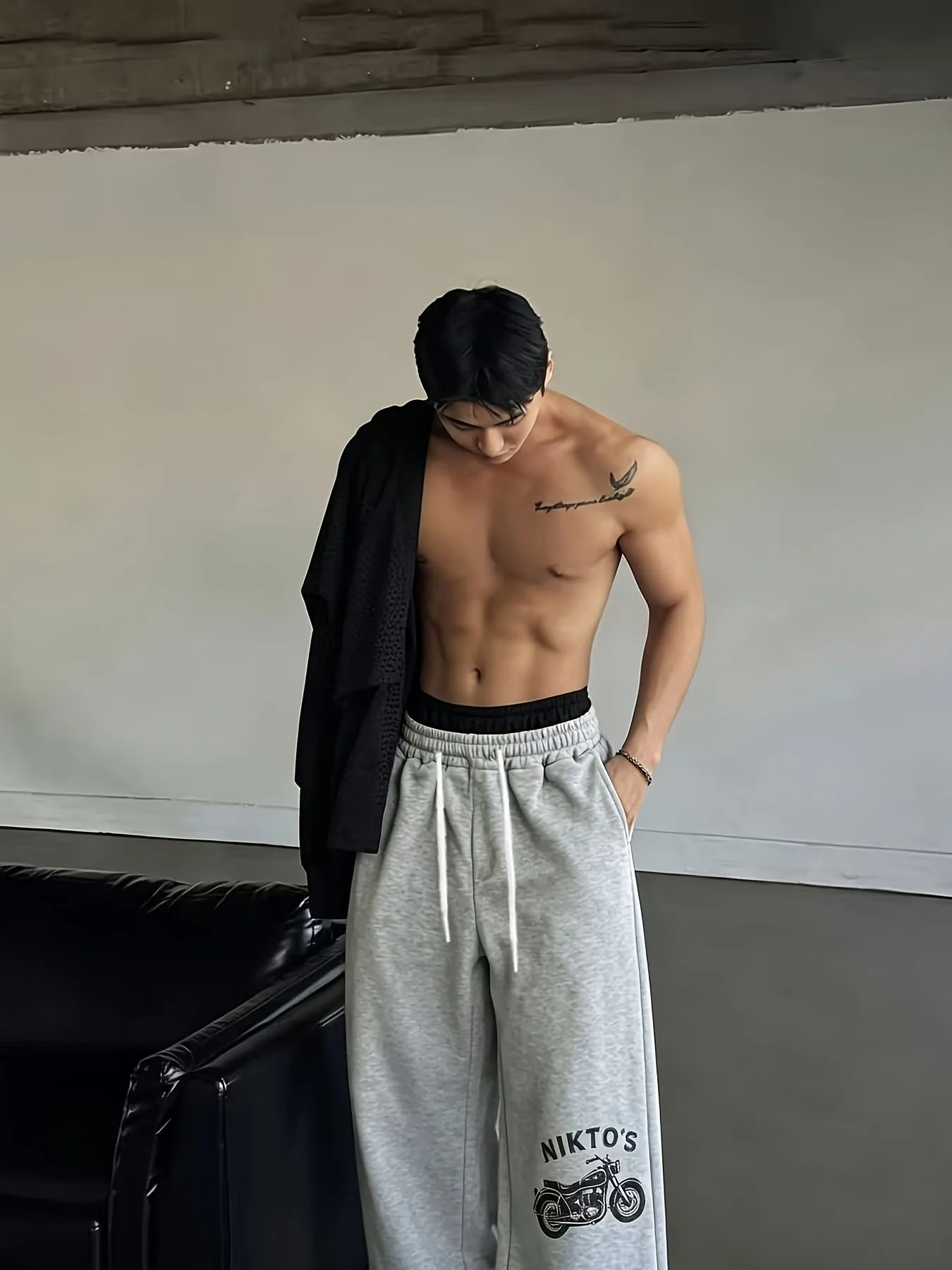 Men's casual sports jogging pants, motorcycle pattern printed sweatpants, drawstring wide leg casual pants