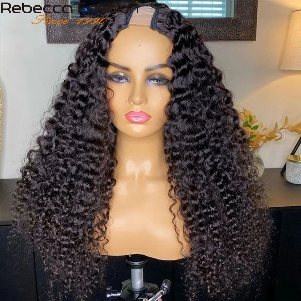 Rebecca 180D Curly U Part Human Hair Wigs For Women Brazilian Deep Curly Half Wigs No Leave Out Remy Human Hair Kinky Curly Wigs