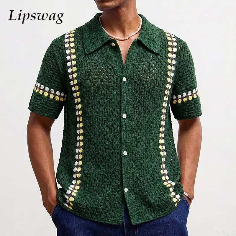Spring Summer Seaside Beach Casual Shirts Mens Knitted Short Sleeve Buttoned Lapel Cardigan Tops Vintage Hollow Out Knit Shirt