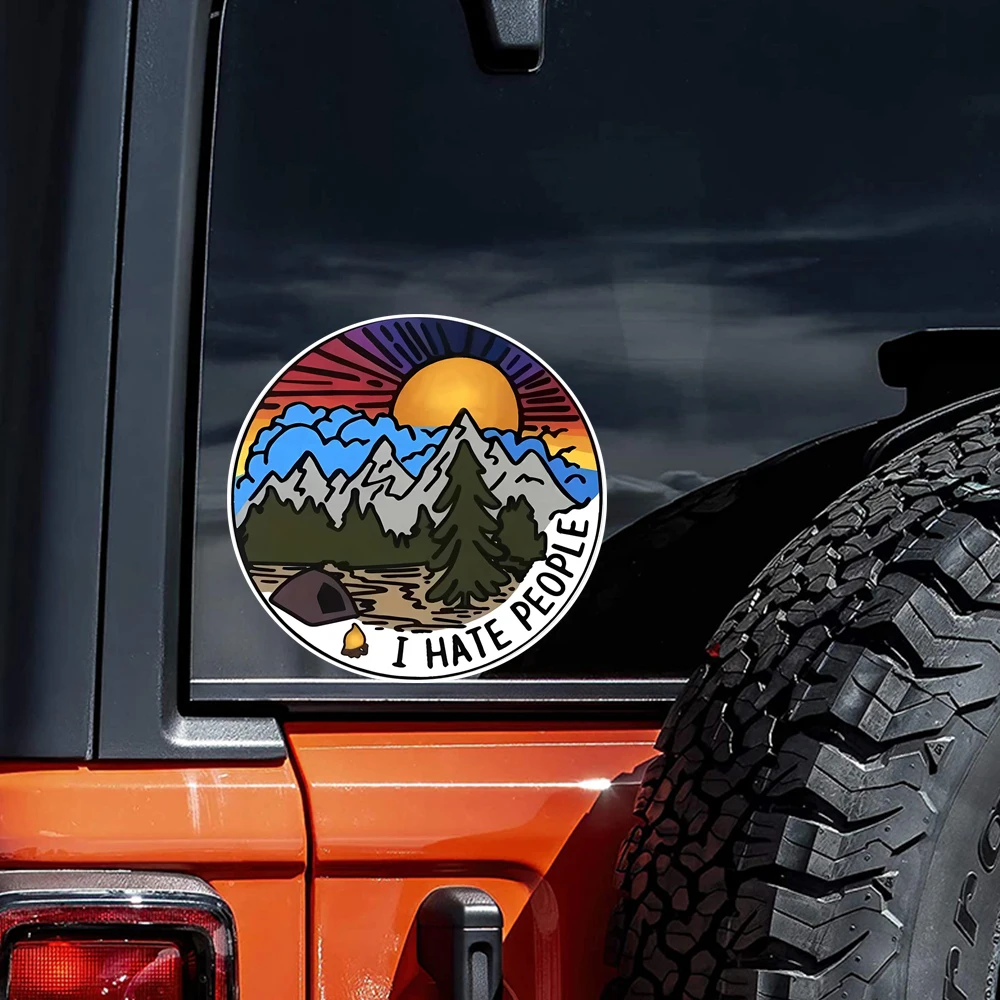 ملصق فينيل I Hate People مقاس 11 × 11 سم - ملصق ذاتي اللصق مع تصميم غروب الشمس الجبلي لأجهزة الكمبيوتر المحمول والسيارة والشاحنة والدراجات النارية