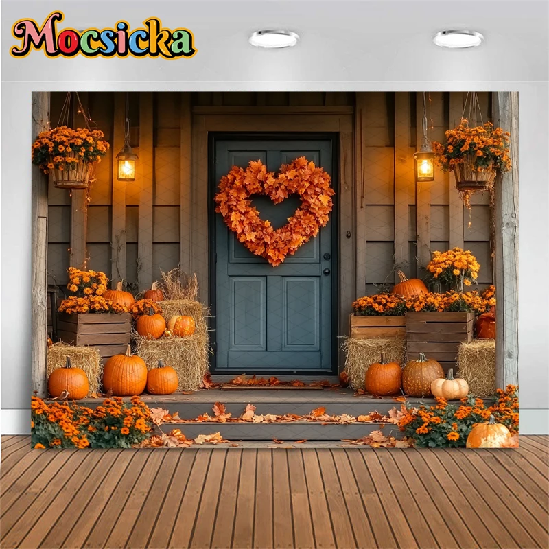 Mocsicka الخريف خلفيات للتصوير الفوتوغرافي الحب الحصاد الأصفر مابل ليف باب المنزل زينة الخريف اليقطين حفلة خلفية راية