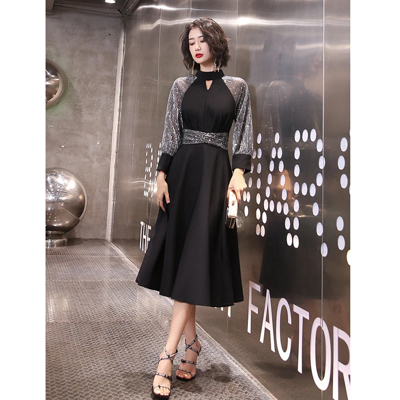 It's Yiiya Black Evening Gown High Collar Sequined Plus Size Evening Dresses for Women Long Sleeve Cut-out Evening Dresses K323